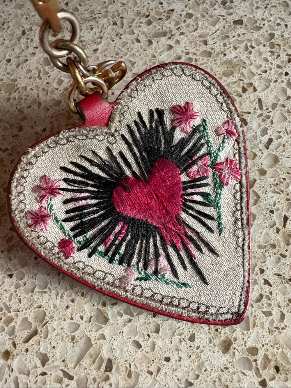 Gucci Heart Embroidered Leather Keychain